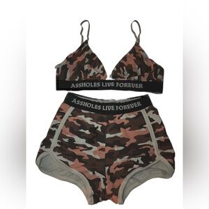 linda finegold ALF sports bra and shorts set camo